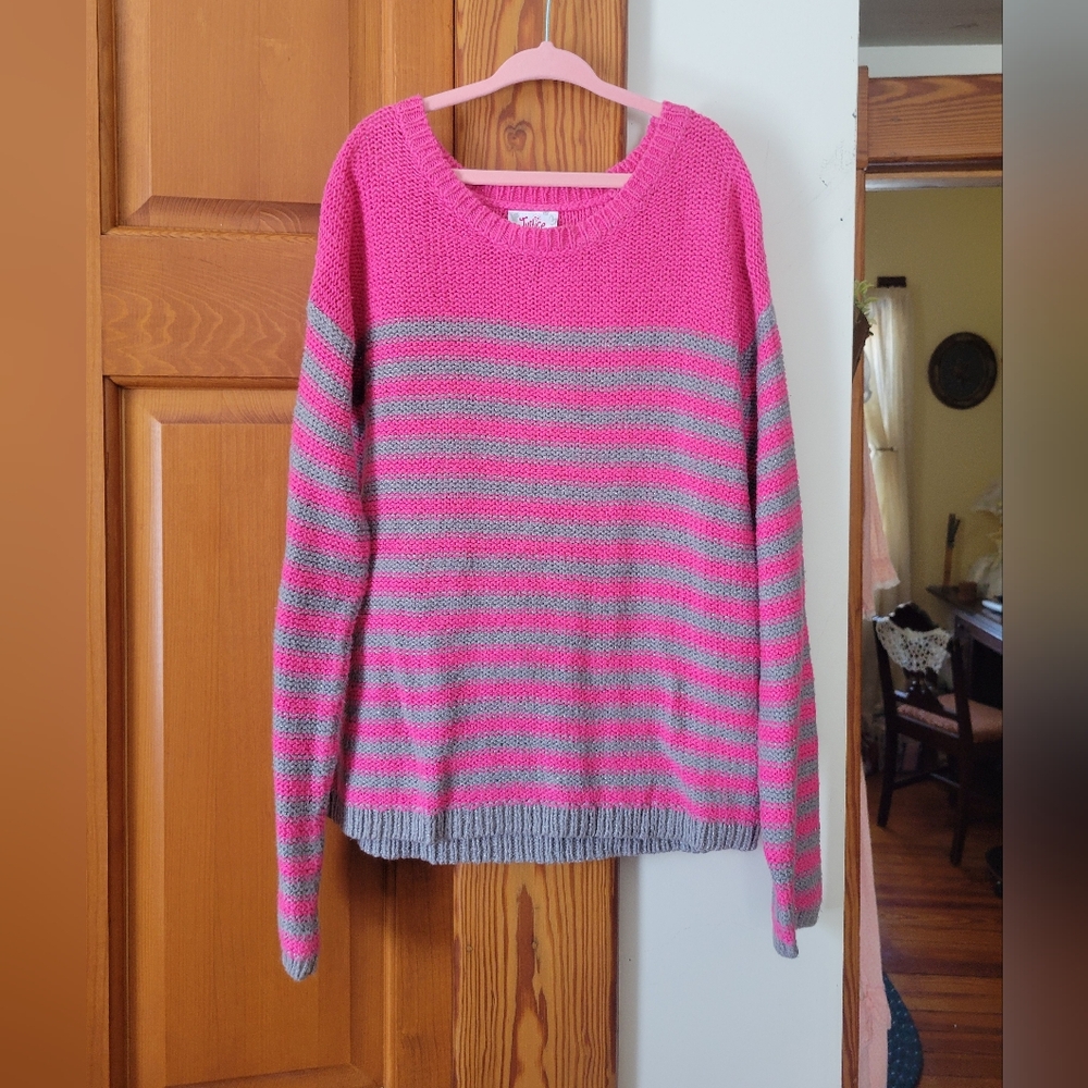 Girls Justice Knit Pink and Gray Striped Metallic Shimmer Sweater 10